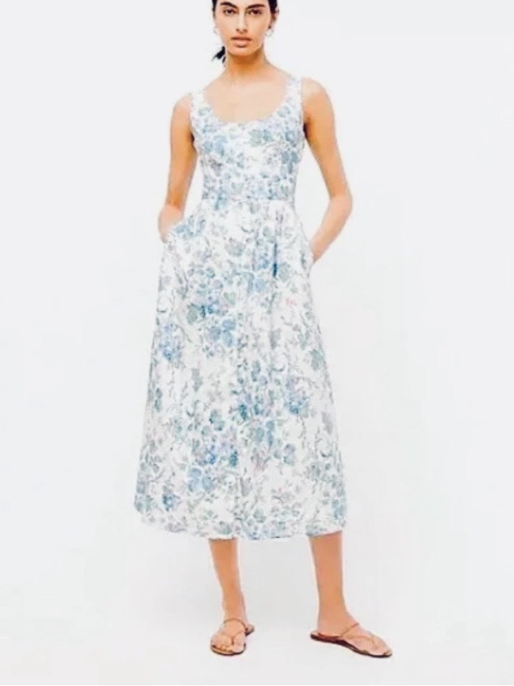 J. Crew English Garden Floral Scoop- Neck Midi Dress in Blue, Pink & Green Print